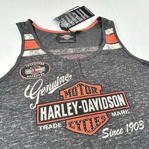 Harley Davidson XL Tank Top Oil Can Graphic Print Bling Gray Stripe NWT $40